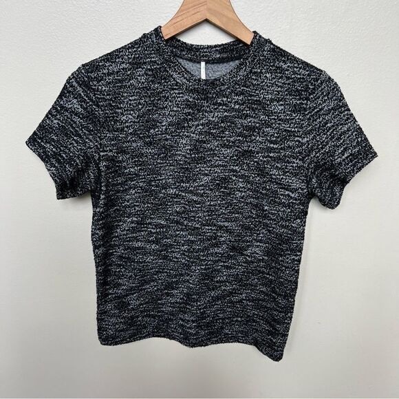 Free People Stretch Knit Textured Top Black Grey Hannah Tweed Short Sleeve Shirt - Picture 3 of 9